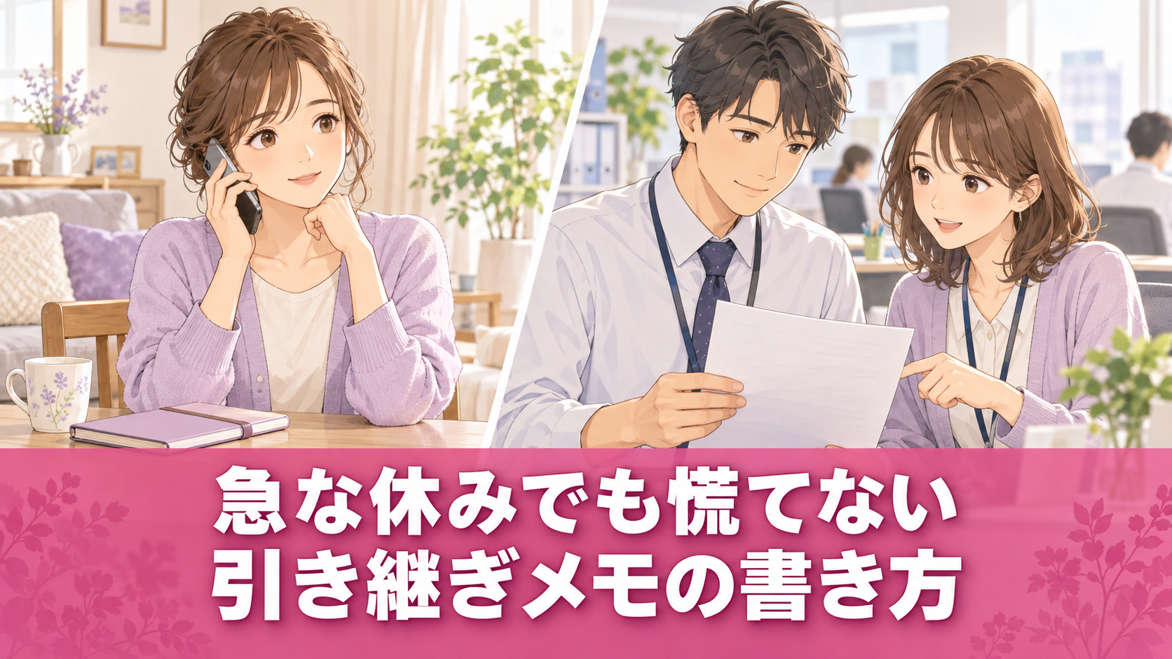 急な休みの連絡をする女性と引き継ぎメモを確認する職場のイラスト。急な休みでも慌てない、引き継ぎメモの書き方