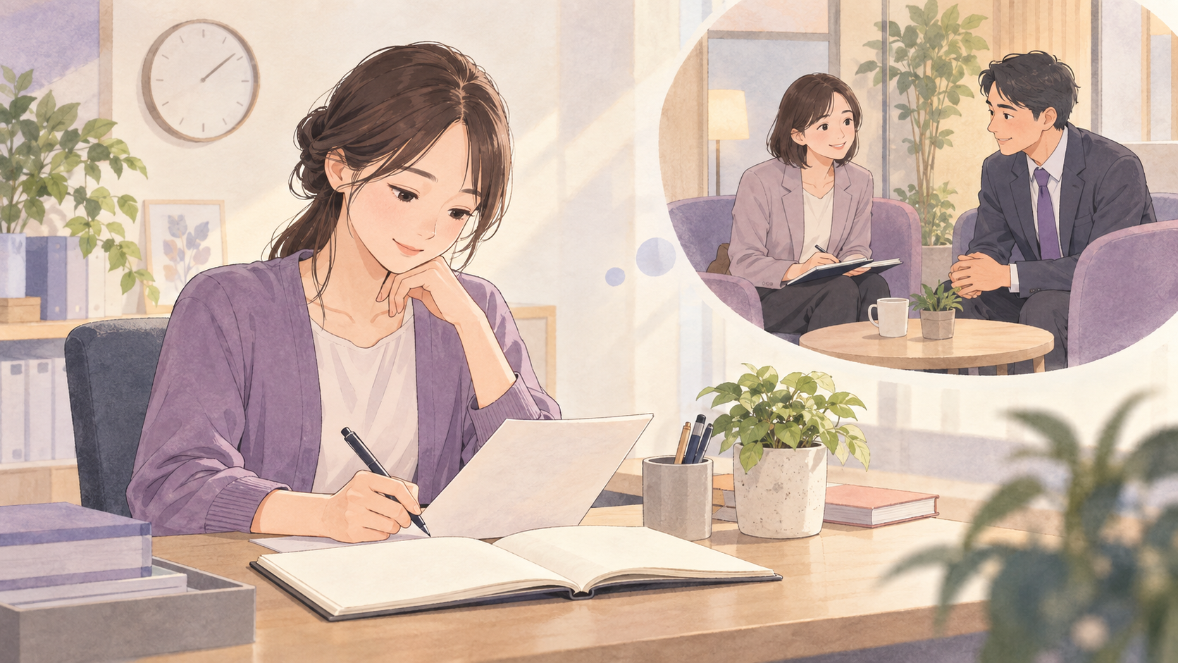 職場の悩みをノートに整理する従業員と、相談に応じる担当者を表したイラスト