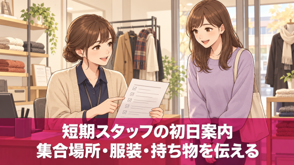 秋冬の売り場で採用担当者が短期スタッフに初日案内を説明するイラスト。短期スタッフの初日案内、集合場所・服装・持ち物を伝える