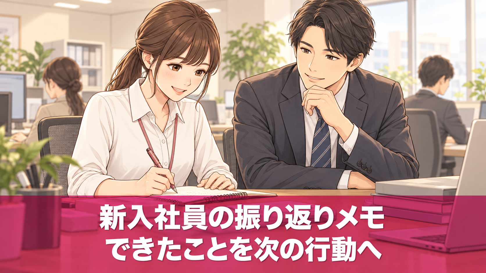 新入社員が職場で振り返りメモを書き、先輩と確認するイラスト。新入社員の振り返りメモ、できたことを次の行動へ