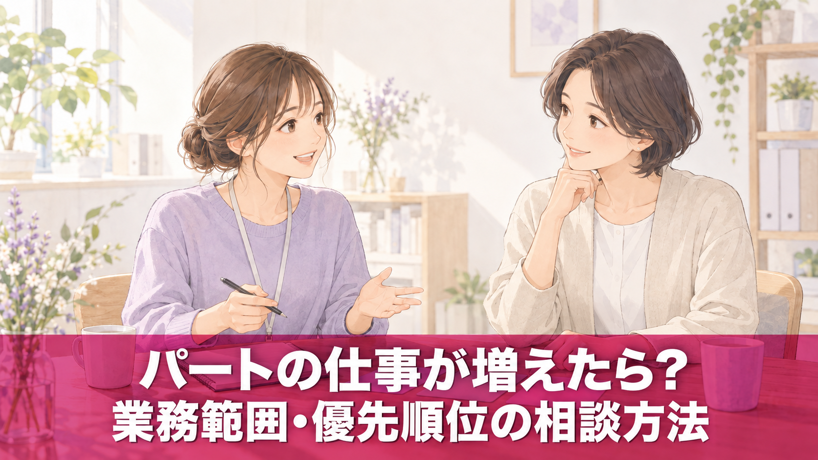 仕事の分担を相談する女性2人のイラスト。下部に「パートの仕事が増えたら？ 業務範囲・優先順位の相談方法」の文字