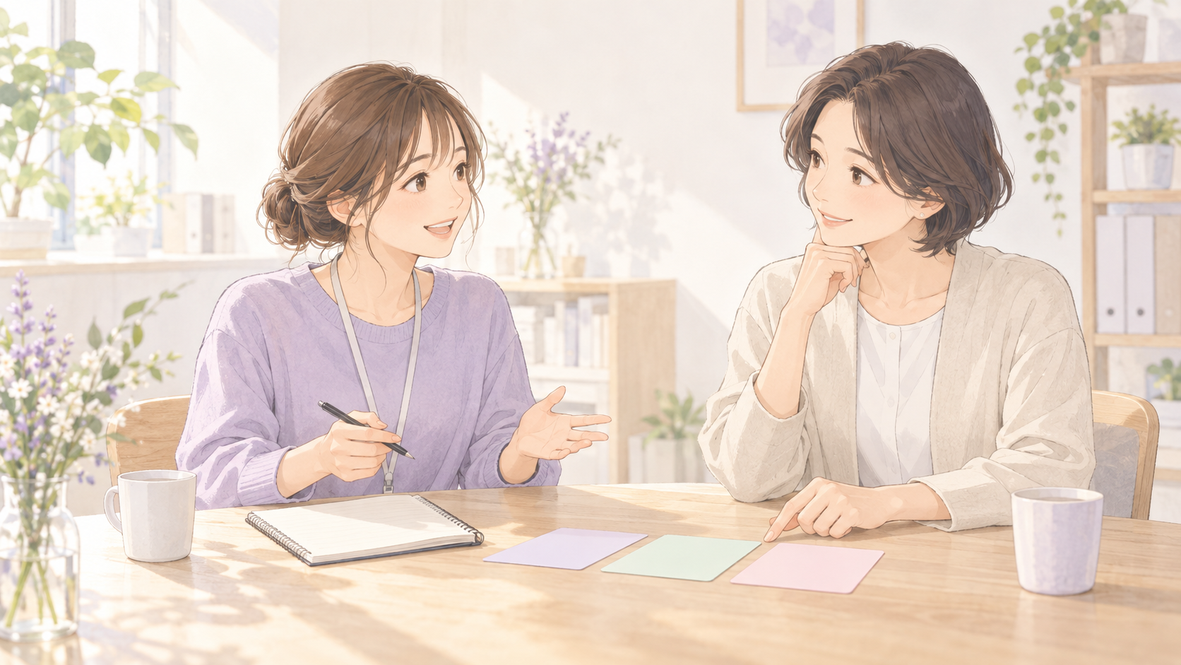 パートの従業員と上司がノートとカードを使って仕事の分担を相談するイラスト