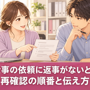 仕事の依頼内容をメモで確認する同僚のイラスト。「仕事の依頼に返事がないとき 再確認の順番と伝え方」の文字