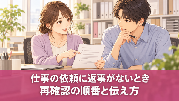 仕事の依頼内容をメモで確認する同僚のイラスト。「仕事の依頼に返事がないとき 再確認の順番と伝え方」の文字