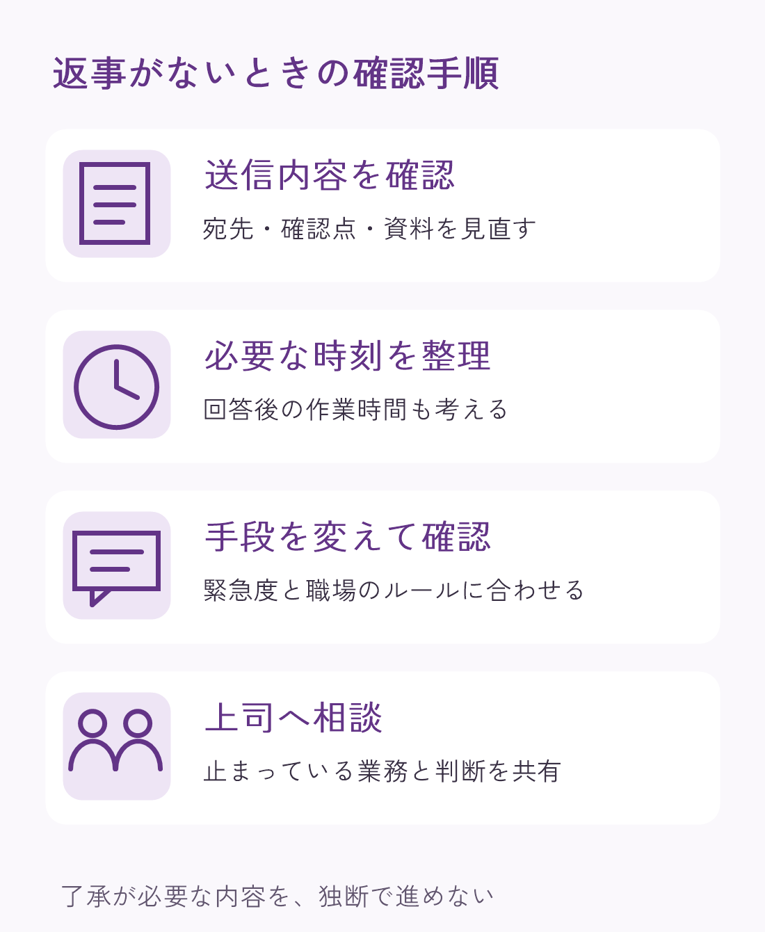 返事がないときの確認手順。送信内容を確認し、必要な時刻を整理し、状況に合う手段で再確認し、難しければ上司へ相談する