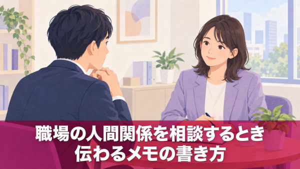 ノートを使って職場の相談をする男女のイラスト。下部に「職場の人間関係を相談するとき 伝わるメモの書き方」の文字