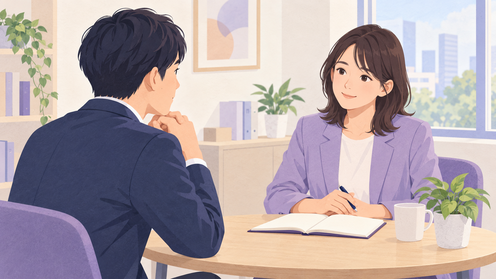 職場の相談でノートを使いながら話をする従業員と相談担当者のイラスト