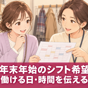 年末年始の勤務予定を相談するパートスタッフと担当者のイラスト。「年末年始のシフト希望 働ける日・時間を伝える」の文字