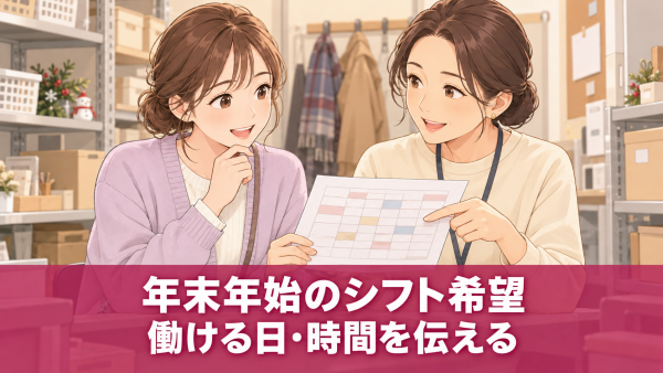 年末年始の勤務予定を相談するパートスタッフと担当者のイラスト。「年末年始のシフト希望 働ける日・時間を伝える」の文字